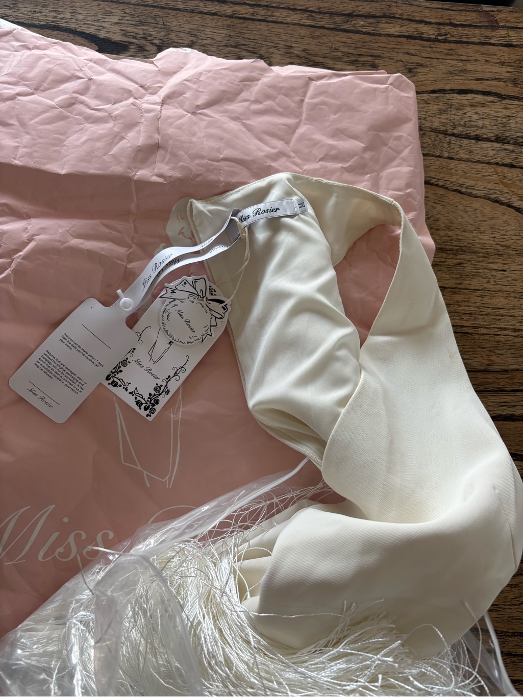 Miss Rosier Cream High-Low Feather-Trim V-Neck Dress — image 4 of 4